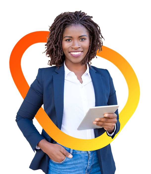 woman holding an computer tablet with uneven orange circle drawn around her